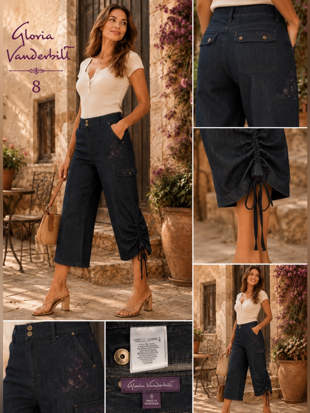 Gloria Vanderbilt Embroidered Denim Cargo Capri Pants Size 8